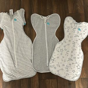 3 love to dream swaddles. 2 small 8-13 lbs and 1  swaddle transition 13-19 lbs